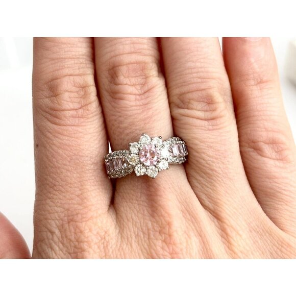 Pink Topaz & CZ Halo Crown Shaped 925 Sterling Silver Vintage Ring - sz 8 - Picture 9 of 12